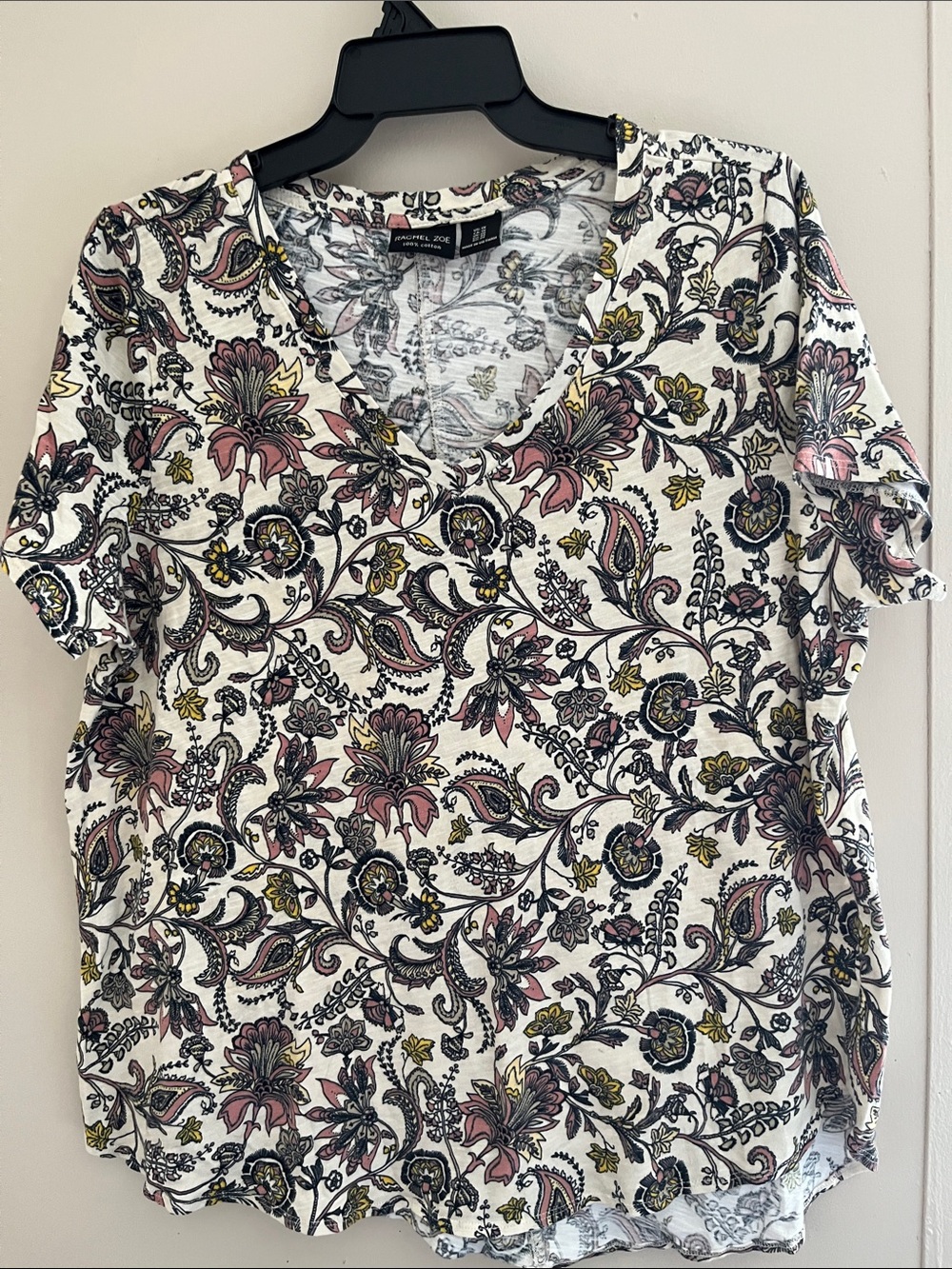 Rachel Zoe White Floral Paisley V-Neck Tee with Pink & Yellow Accents